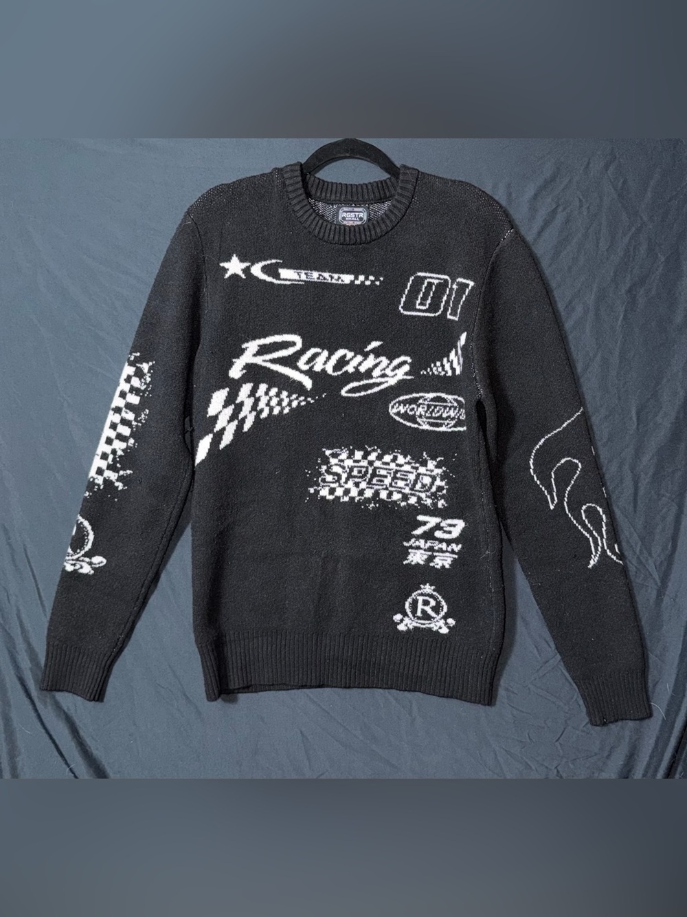 RGSTR Men's Small Black/White Graphic Knit Crewneck Pullover Racing Sweater Y2K